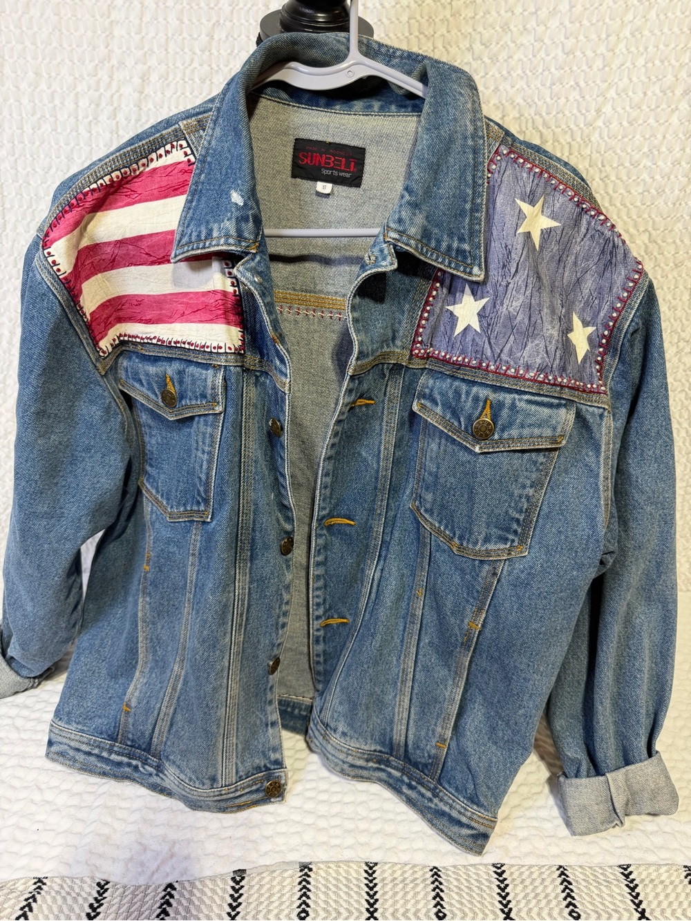 Sunbelt Blue Denim Bomber Jacket with Red & White American Flag Appliqué vintage